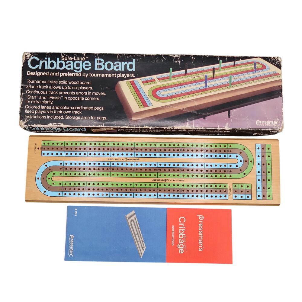 Pressman Cribbage Board 3 Track Sure-Lane Solid Wood Vintage 1983 Board Game